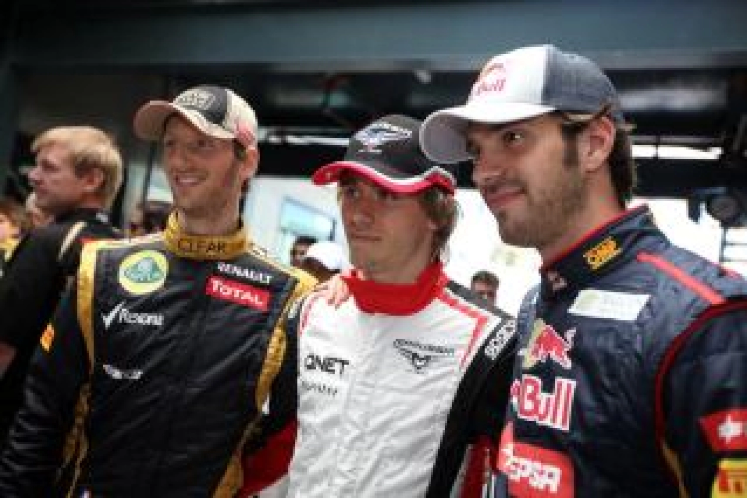 Grosjean congratulated by Pic and Vergne for his podium finish