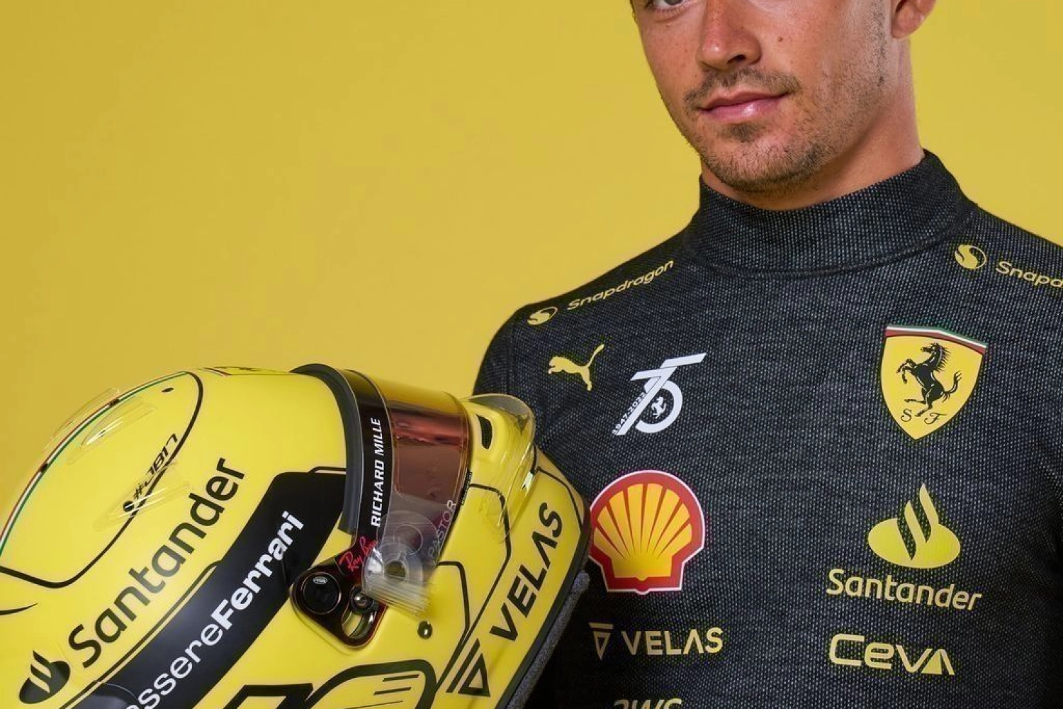 Charles Leclerc presents his special helmet for Monza