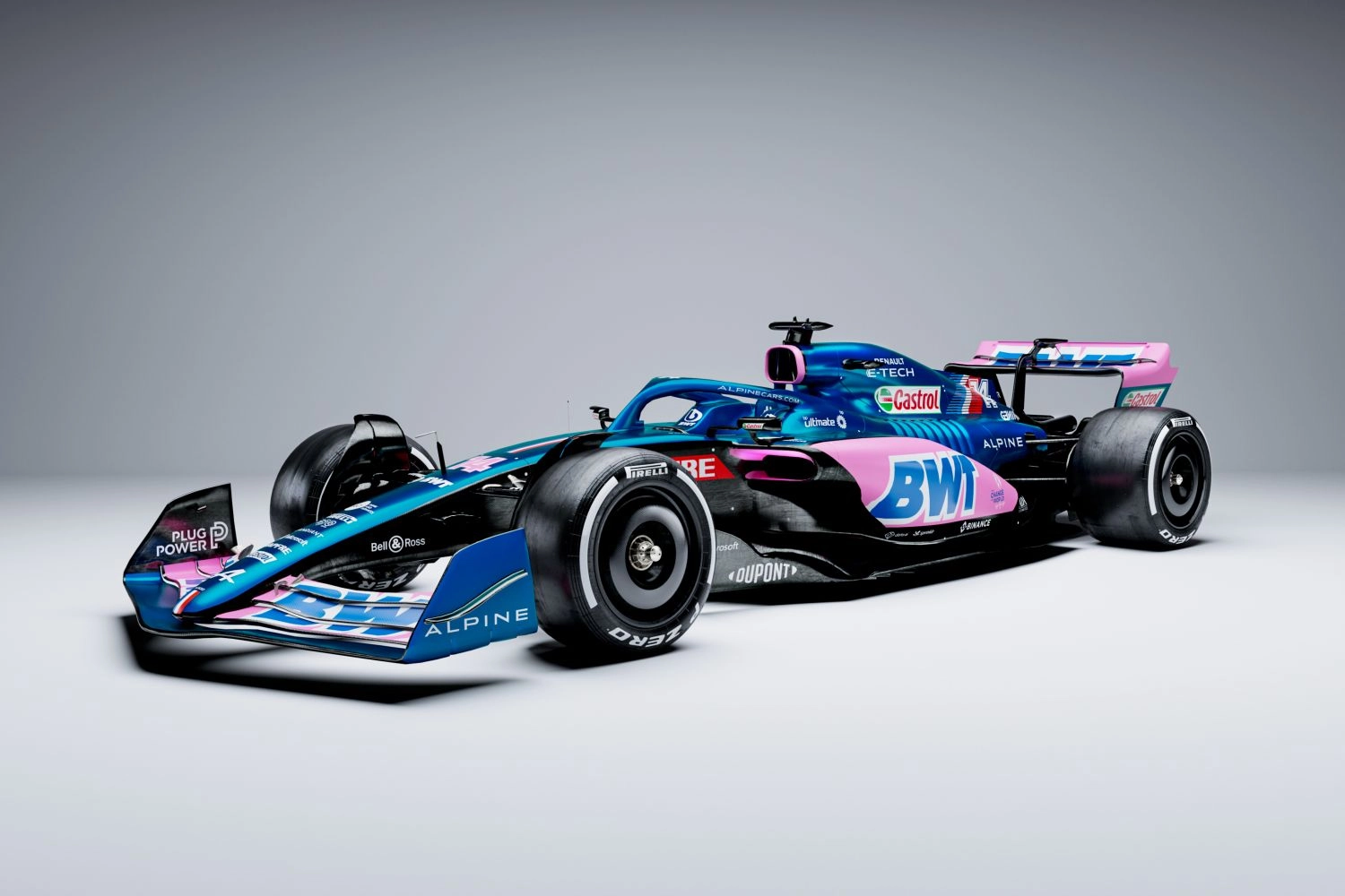 The blue and pink Alpine reveals itself