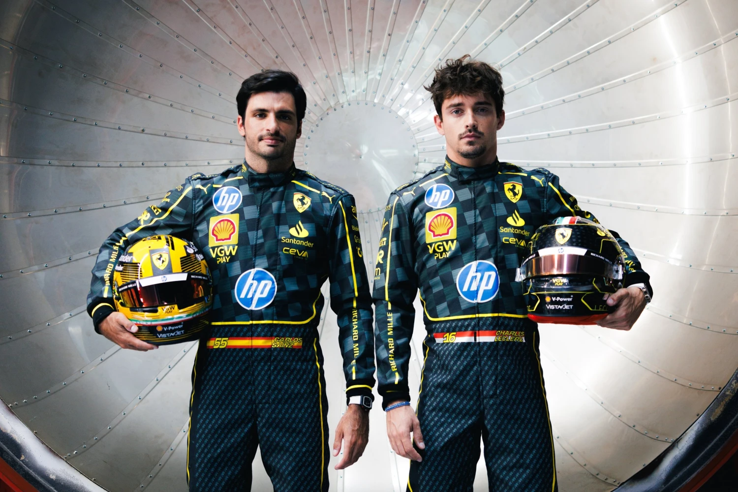Carlos Sainz and Charles Leclerc unveil their special helmets for Monza